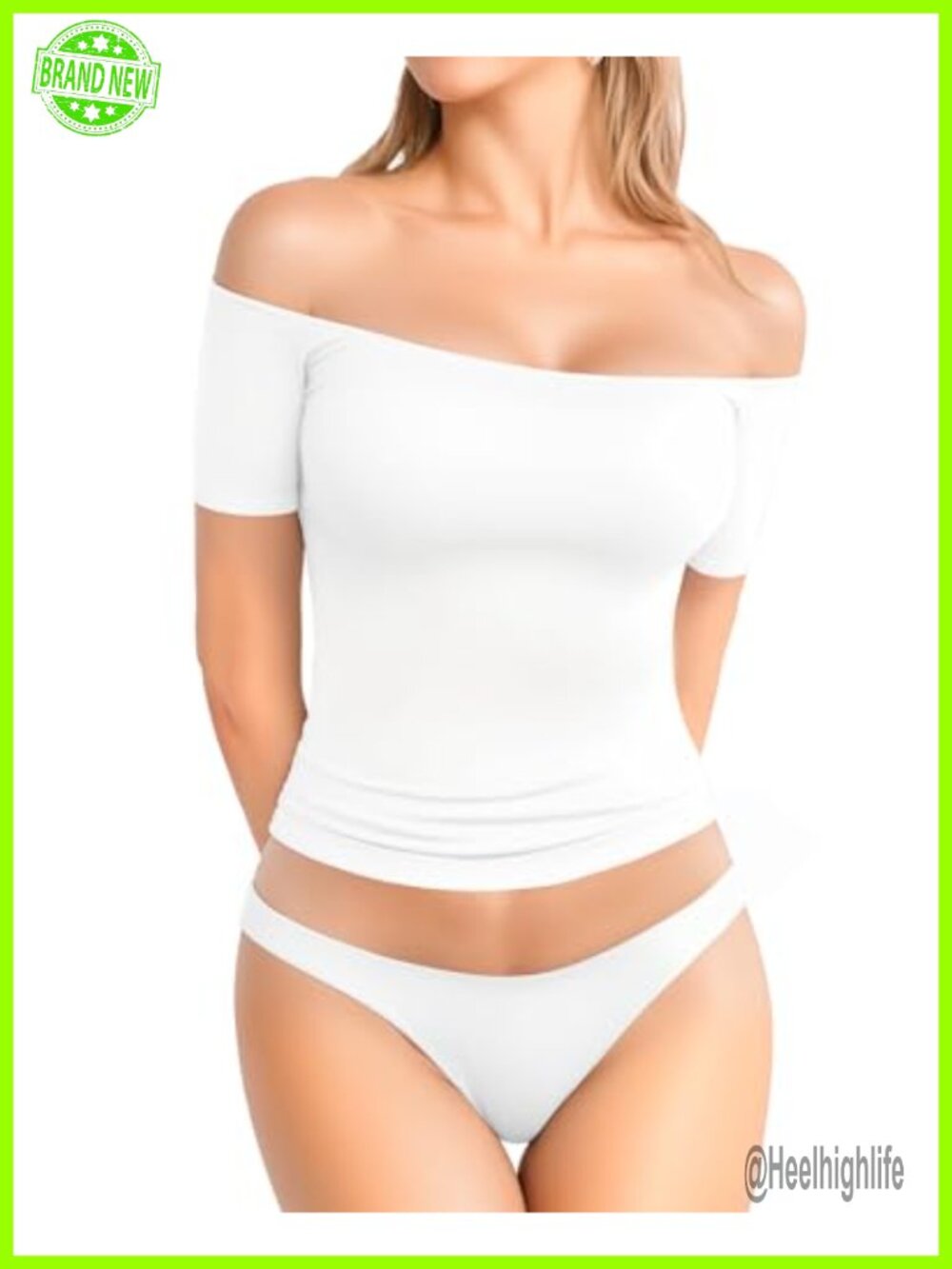 Off Shoulder Short Sleeve Fitted T-Shirt Top for Women Stretchy Cotton